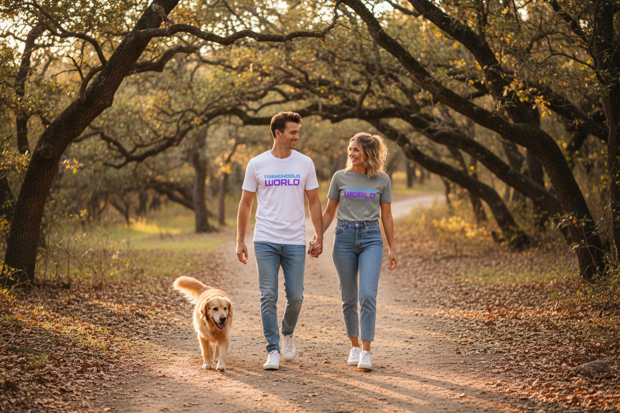 Couple with dog in oak forest wearing white and stone grey Tremendous World t-shirts