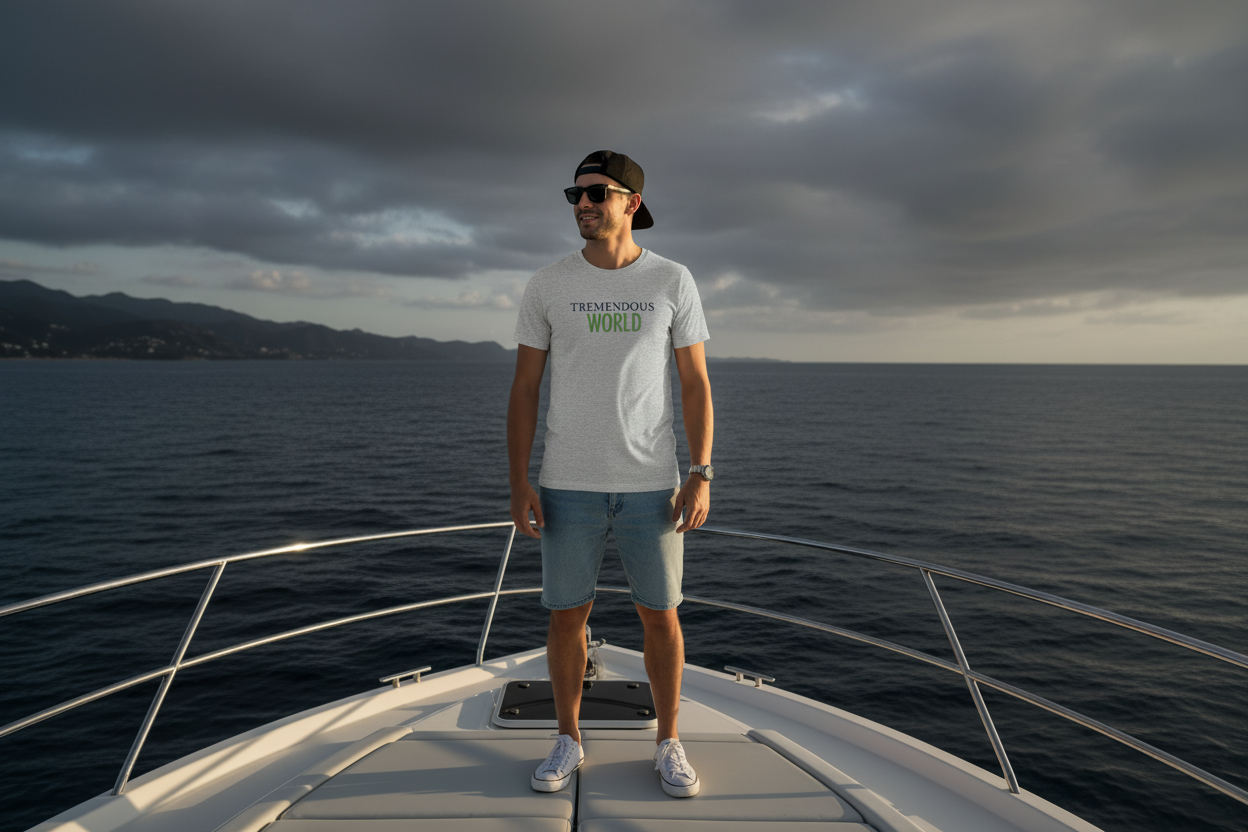 Man on yacht railing, editorial style